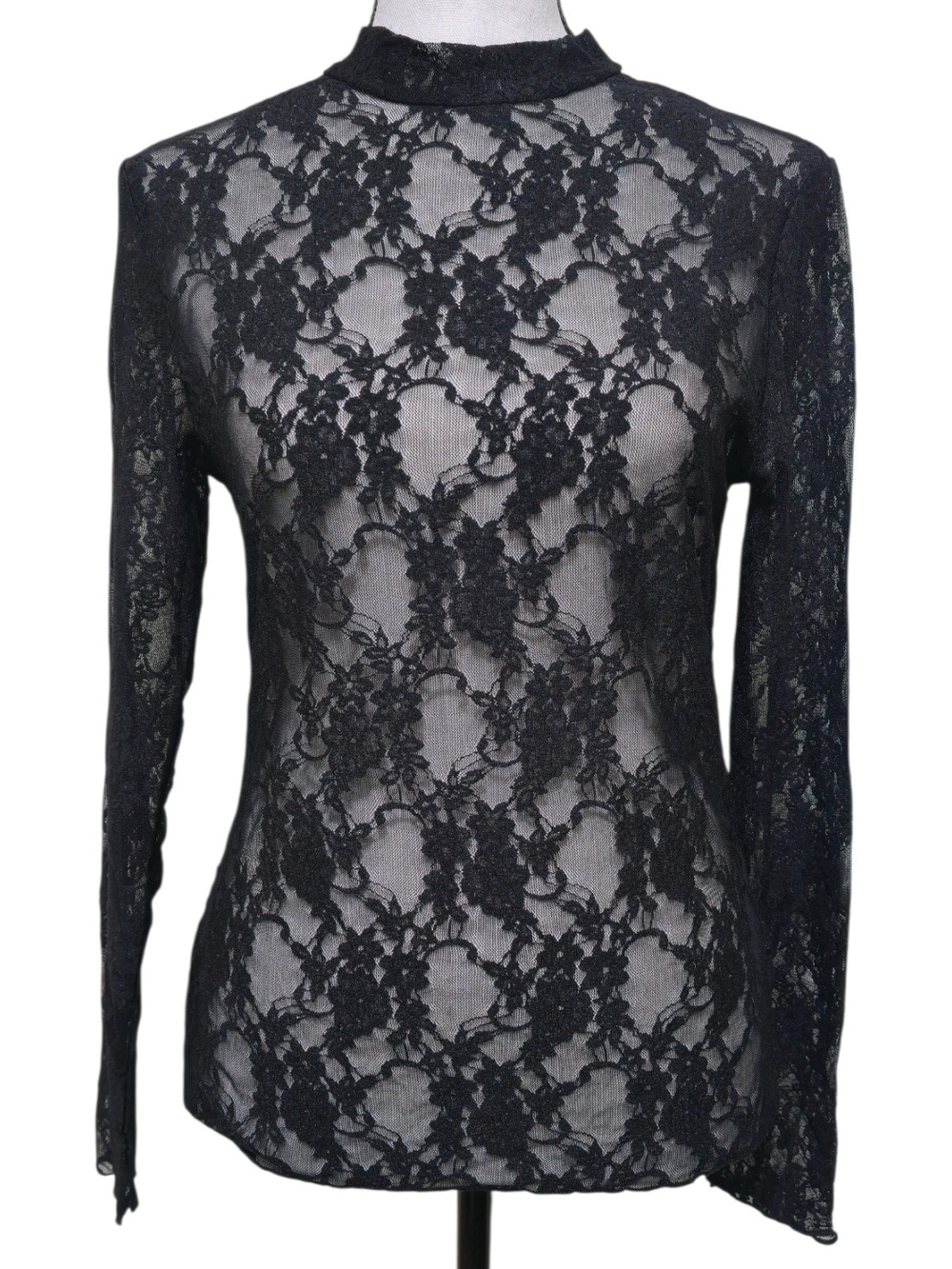 Black Sheer Lace Mock Neck Long Sleeve Blouse Size Med Whimsigoth Romantic Vamp
